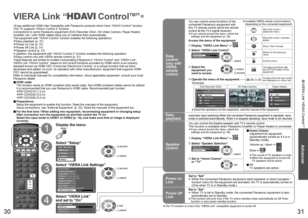 Panasonic TX-32LXD70A, TX-26LXD70A warranty VIERA Link “ ControlTM”∗, Advanced, VIERA Link “HDAVI ControlTM” 