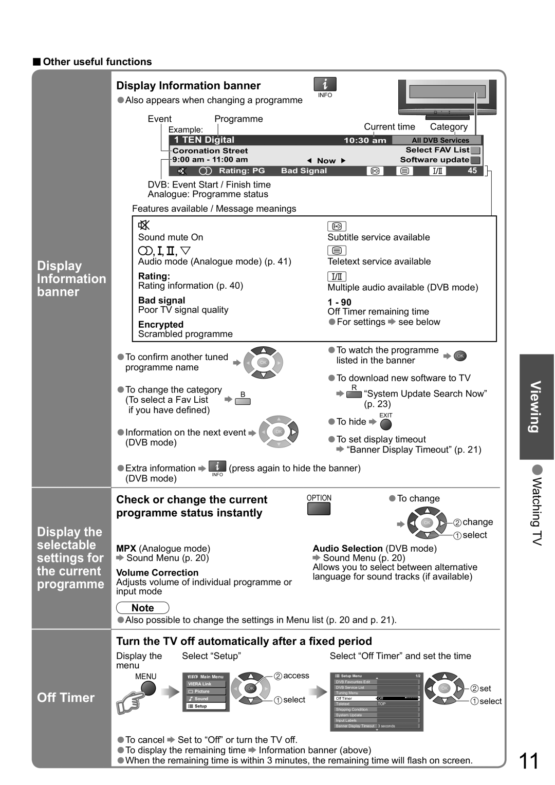 Panasonic TX-32LXD8A Viewing, Off Timer, Display Information banner, Turn the TV off automatically after a ﬁxed period 