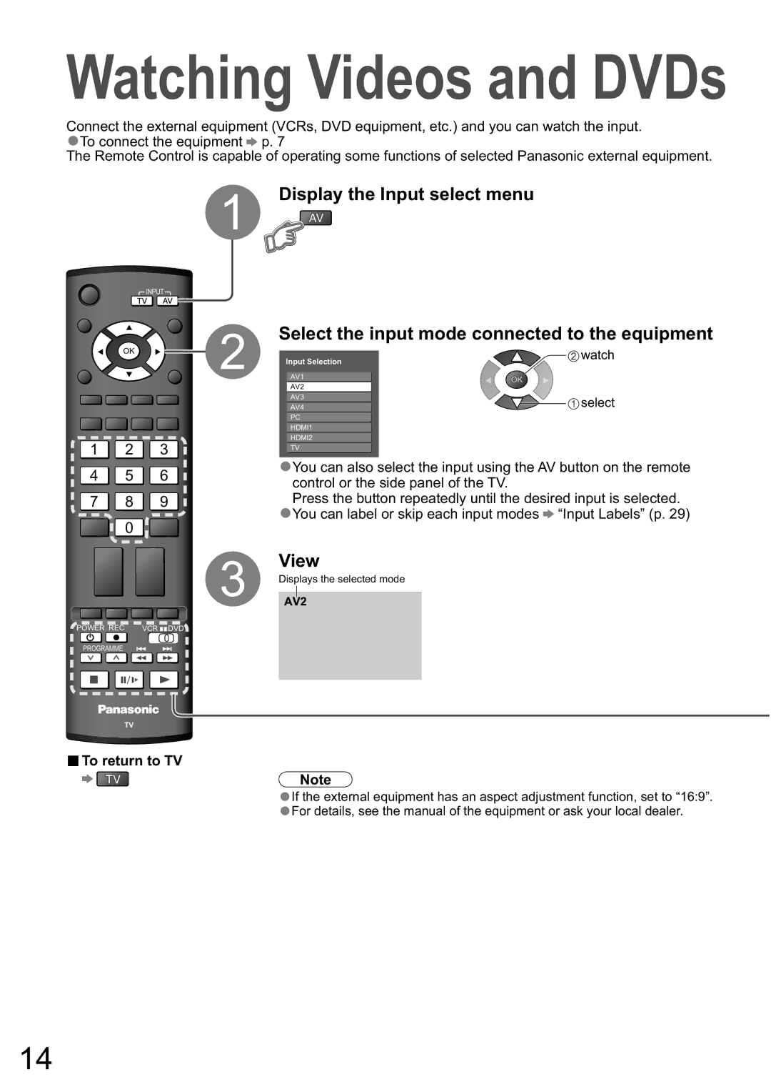 Panasonic TX-32LXD8A manual Display the Input select menu, View, To return to TV, Watch 