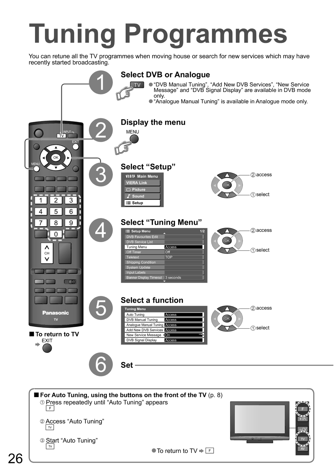 Panasonic TX-32LXD8A manual Tuning Programmes, Select Tuning Menu, Select a function 