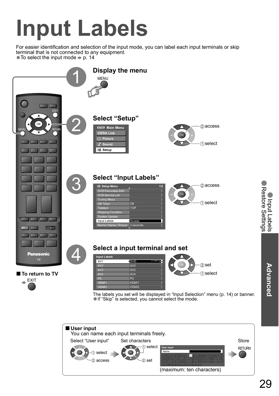 Panasonic TX-32LXD8A manual Select Input Labels, Select a input terminal and set, User input 