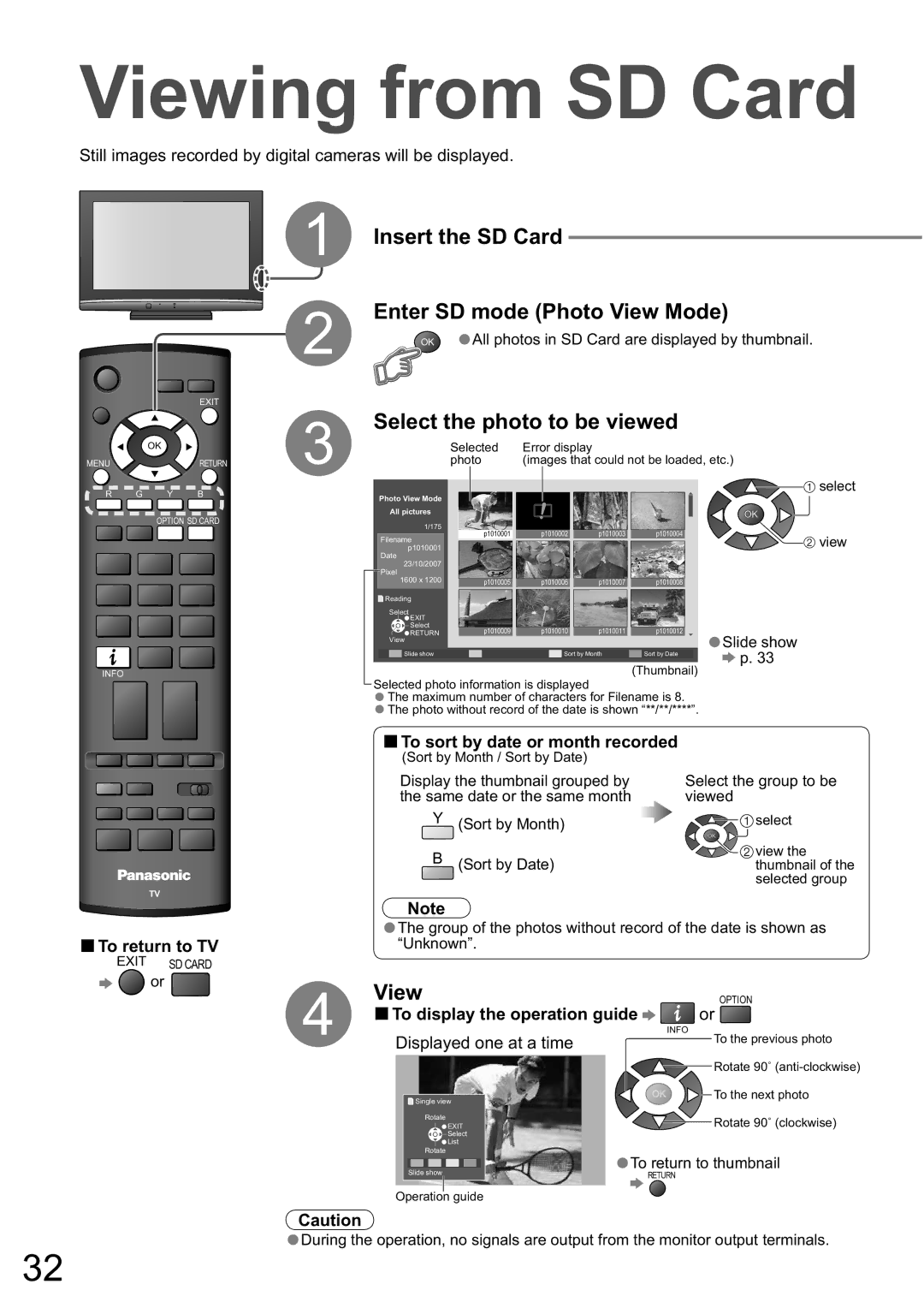 Panasonic TX-32LXD8A Viewing from SD Card, Insert the SD Card Enter SD mode Photo View Mode, Select the photo to be viewed 