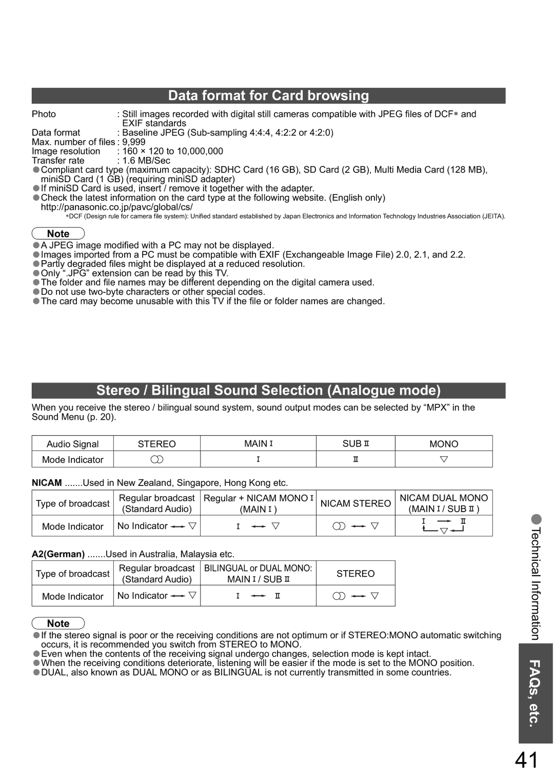 Panasonic TX-32LXD8A manual Data format for Card browsing, Stereo / Bilingual Sound Selection Analogue mode, Standard Audio 