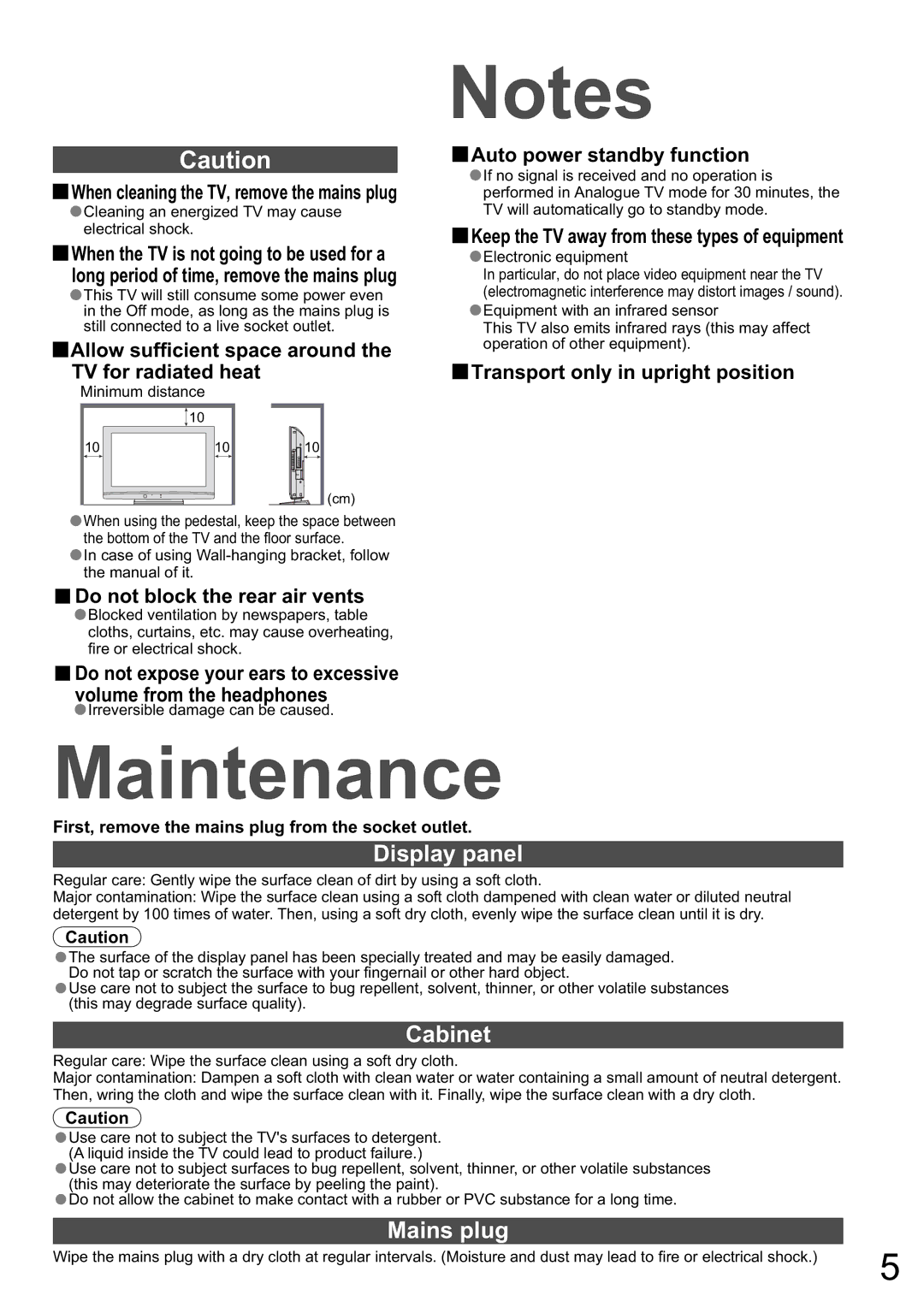 Panasonic TX-32LXD8A manual Maintenance, Display panel, Cabinet, Mains plug 