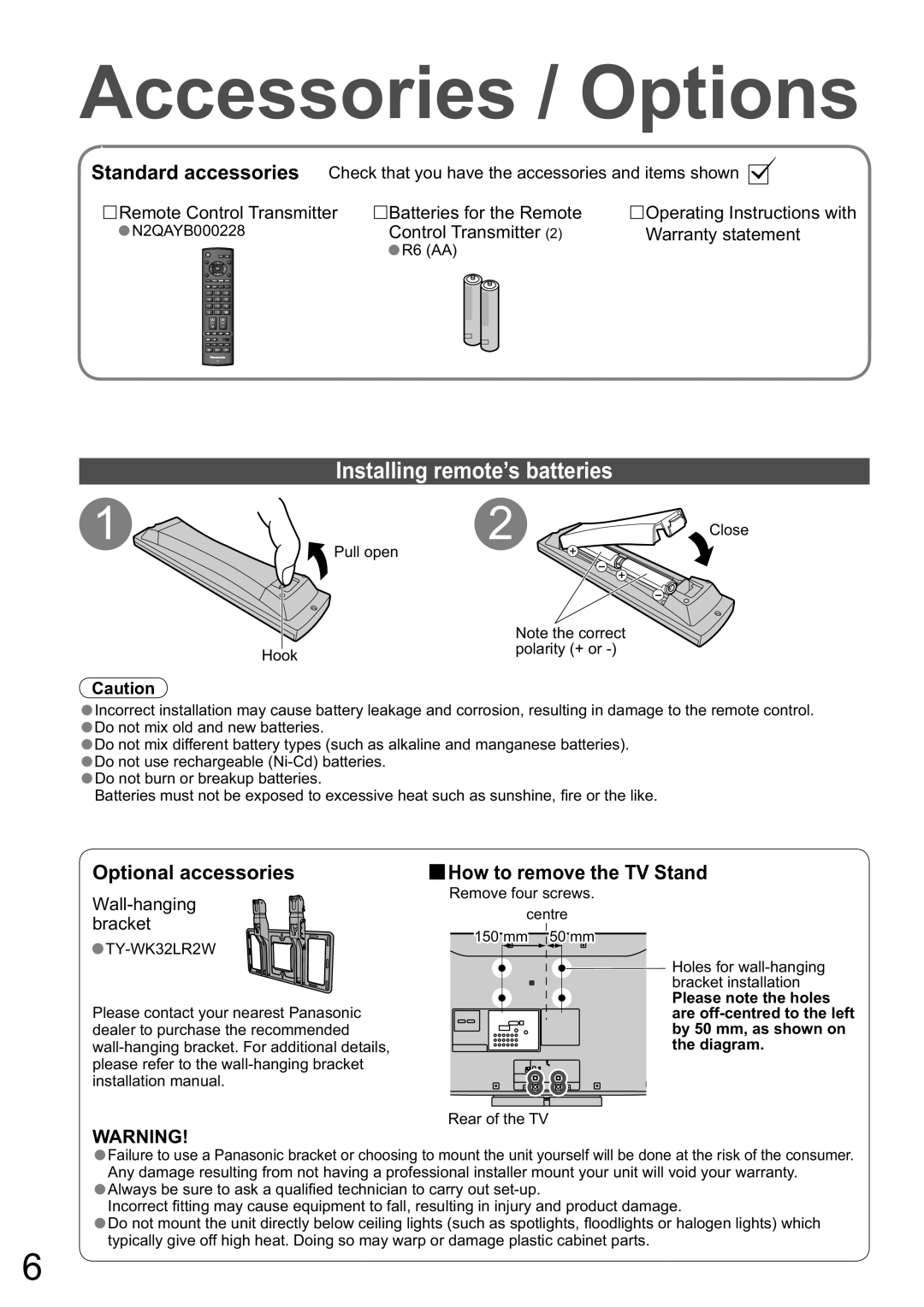 Panasonic TX-32LXD8A manual Accessories / Options, Installing remote’s batteries, Control Transmitter Warranty statement 