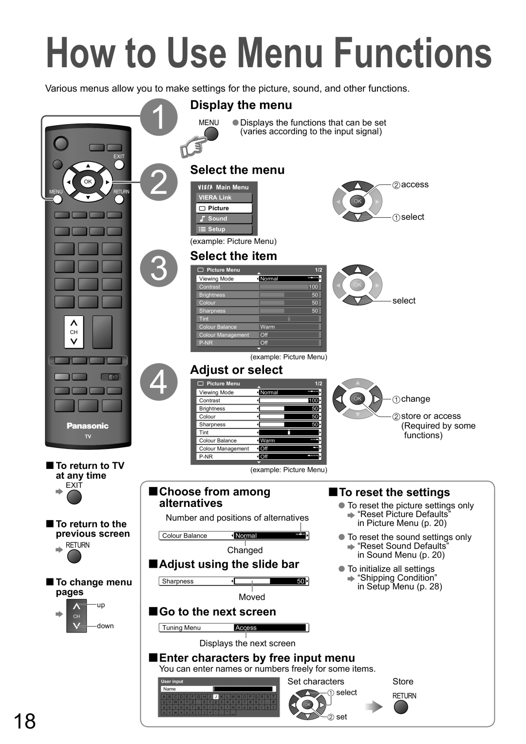 Panasonic TX-32LXD8A manual How to Use Menu Functions, Display the menu, Select the menu, Select the item, Adjust or select 