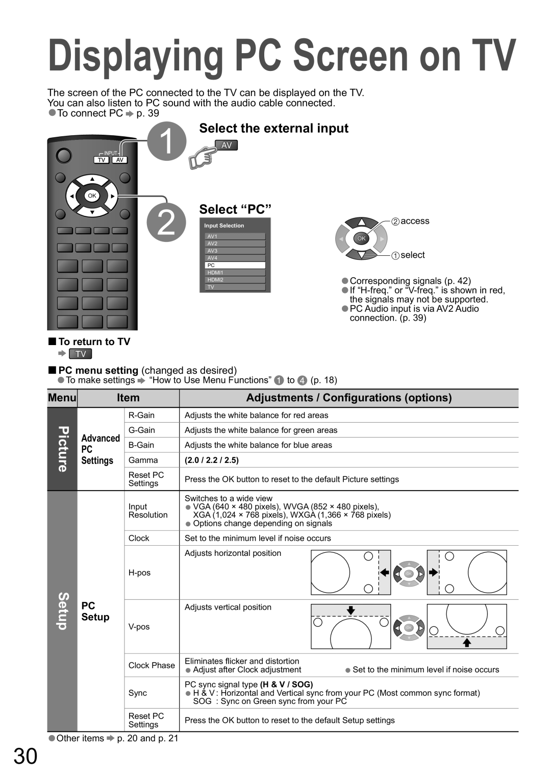 Panasonic TX-32LXD8A manual Select the external input, Select “PC”, Advanced, Settings, Setup 