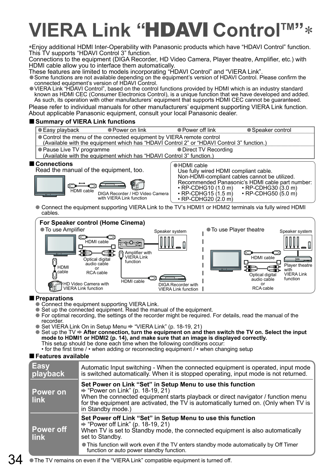 Panasonic TX-32LXD8A VIERA Link “ ControlTM”, Power on link Power off link, Easy playback, Summary of VIERA Link functions 
