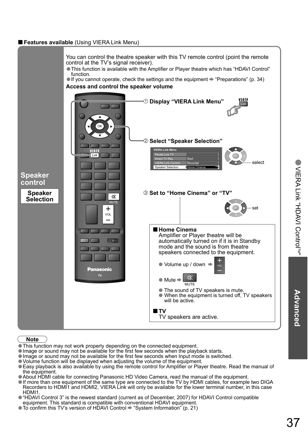 Panasonic TX-32LXD8A Speaker, control, Selection, Advanced, VIERA Link “HDAVI ControlTM”, Display “VIERA Link Menu”, Mute 