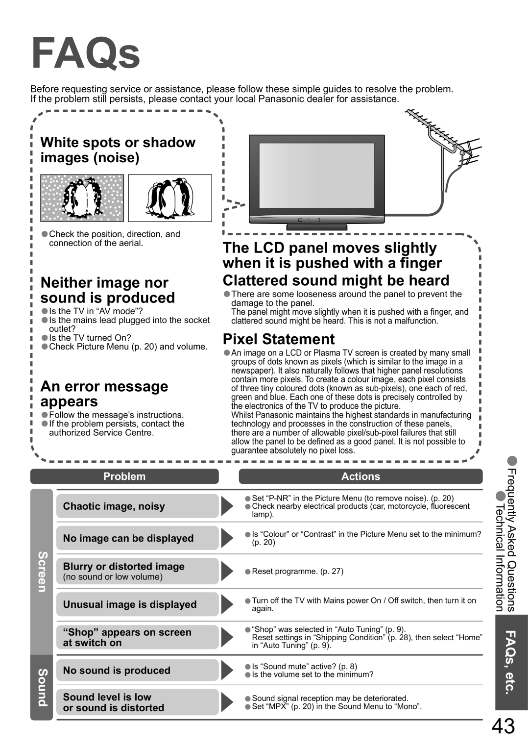 Panasonic TX-32LXD8A manual FAQs, White spots or shadow images noise, Sound, Problem, Actions, An error message appears 