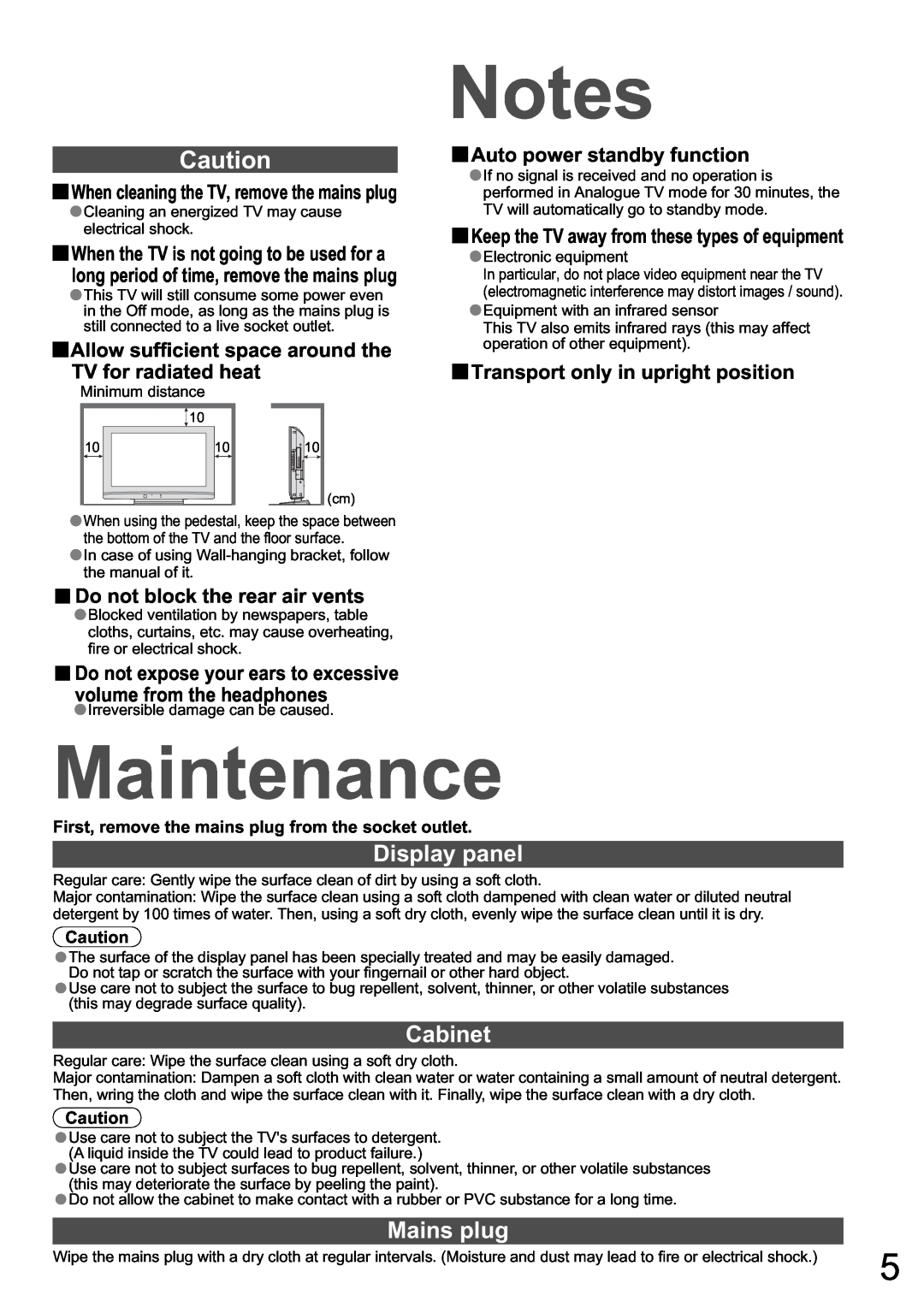 Panasonic TX-32LXD8A manual Maintenance, Display panel, Cabinet, Mains plug, Do not block the rear air vents 