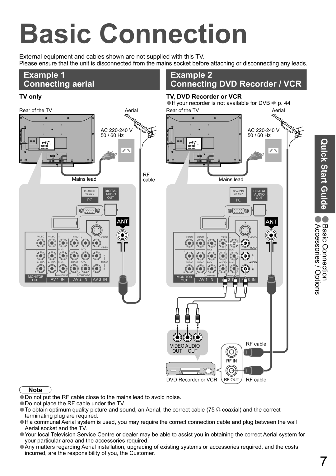 Panasonic TX-32LXD8A manual Basic Connection, Example Connecting aerial, Example Connecting DVD Recorder / VCR, TV only 