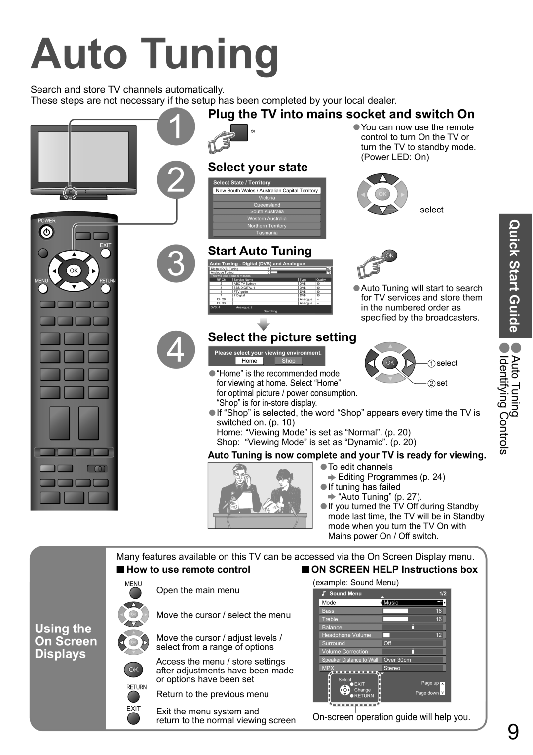 Panasonic TX-32LXD8A manual Select your state, Quick Start Guide, Select the picture setting, Start Auto Tuning 