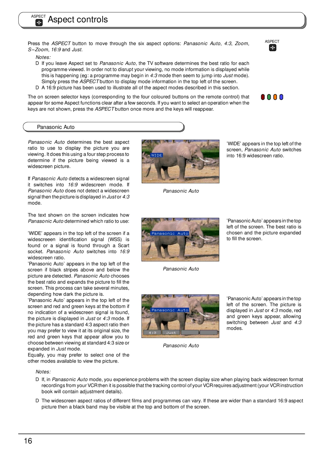 Panasonic TX-32PB50F, TX-28PB50F operating instructions Aspect Aspect controls, Panasonic Auto, Zoom,169 and Just 