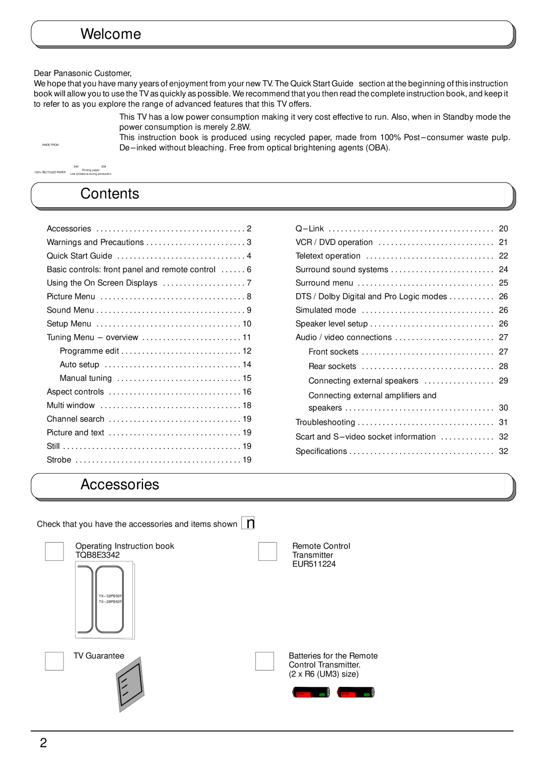 Panasonic TX-32PB50F, TX-28PB50F operating instructions Welcome, Contents, Accessories 