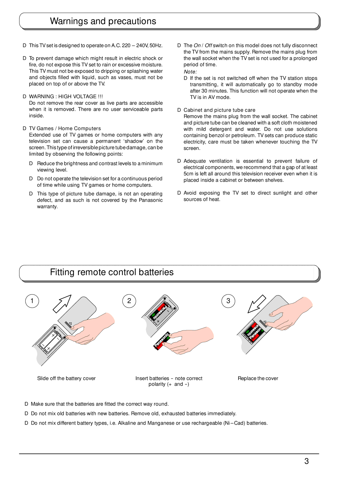 Panasonic TX-32PB50F, TX-28PB50F Fitting remote control batteries, TV Games / Home Computers, Slide off the battery cover 