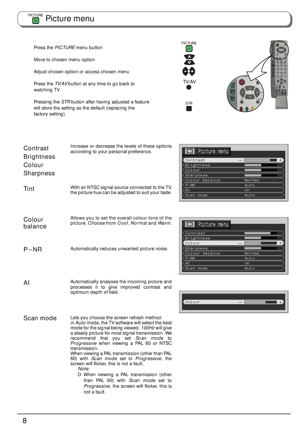 Panasonic TX-32PB50F, TX-28PB50F Picture Picture menu, Press the Picture menu button Move to chosen menu option 