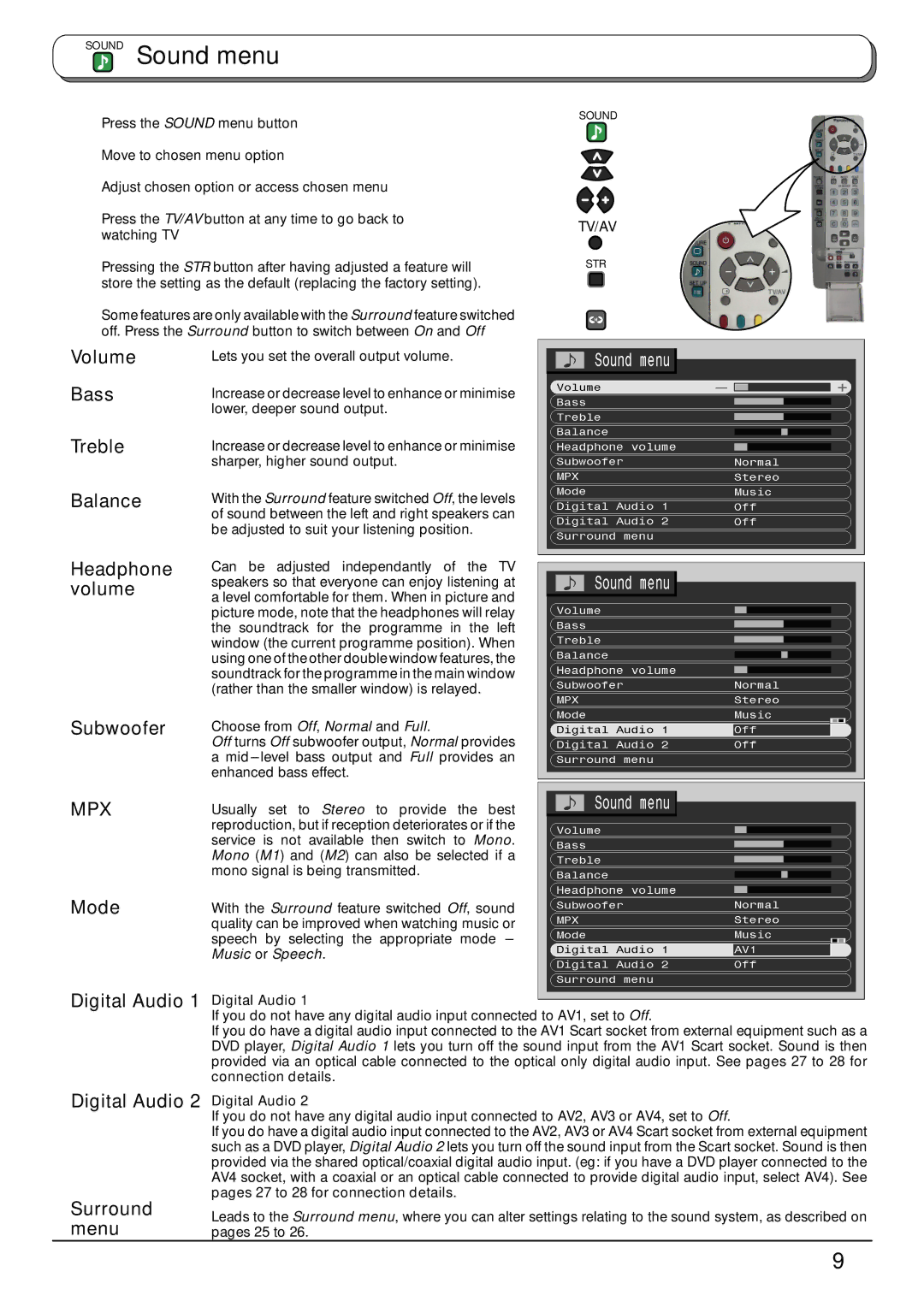 Panasonic TX-32PB50F, TX-28PB50F operating instructions Sound Sound menu 