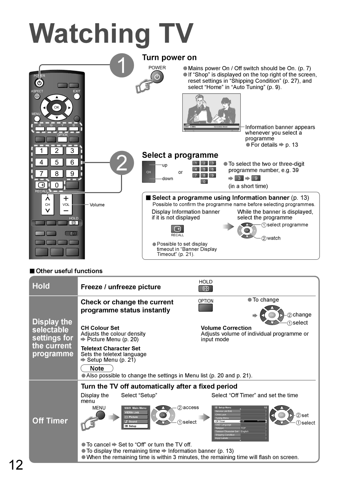 Panasonic TX-37LX800A, TX-32LX800A manual Watching TV, Turn power on, Hold, Off Timer 