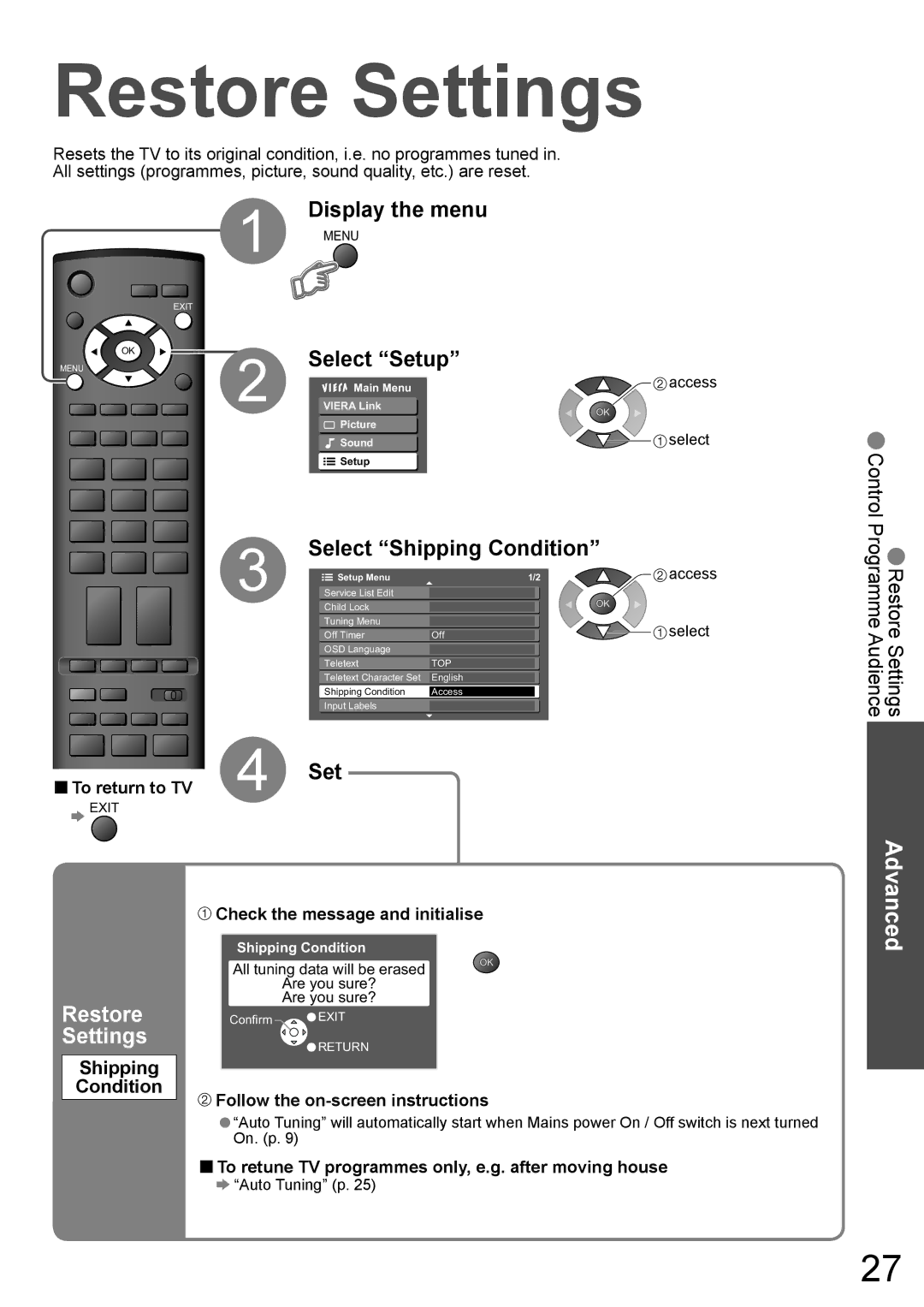 Panasonic TX-32LX800A, TX-37LX800A manual Restore Settings, Select Setup, Select Shipping Condition 