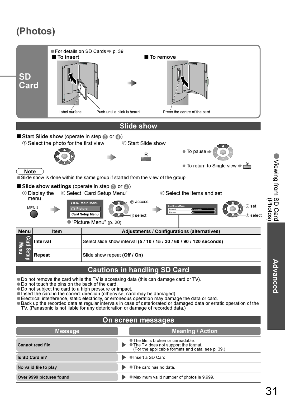 Panasonic TX-32LX800A Slide show, On screen messages, To insert, Display Select Card Setup Menu Select the items and set 