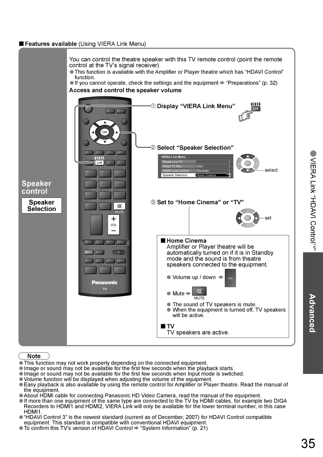 Panasonic TX-32LX800A, TX-37LX800A manual Speaker control, Speaker Selection 