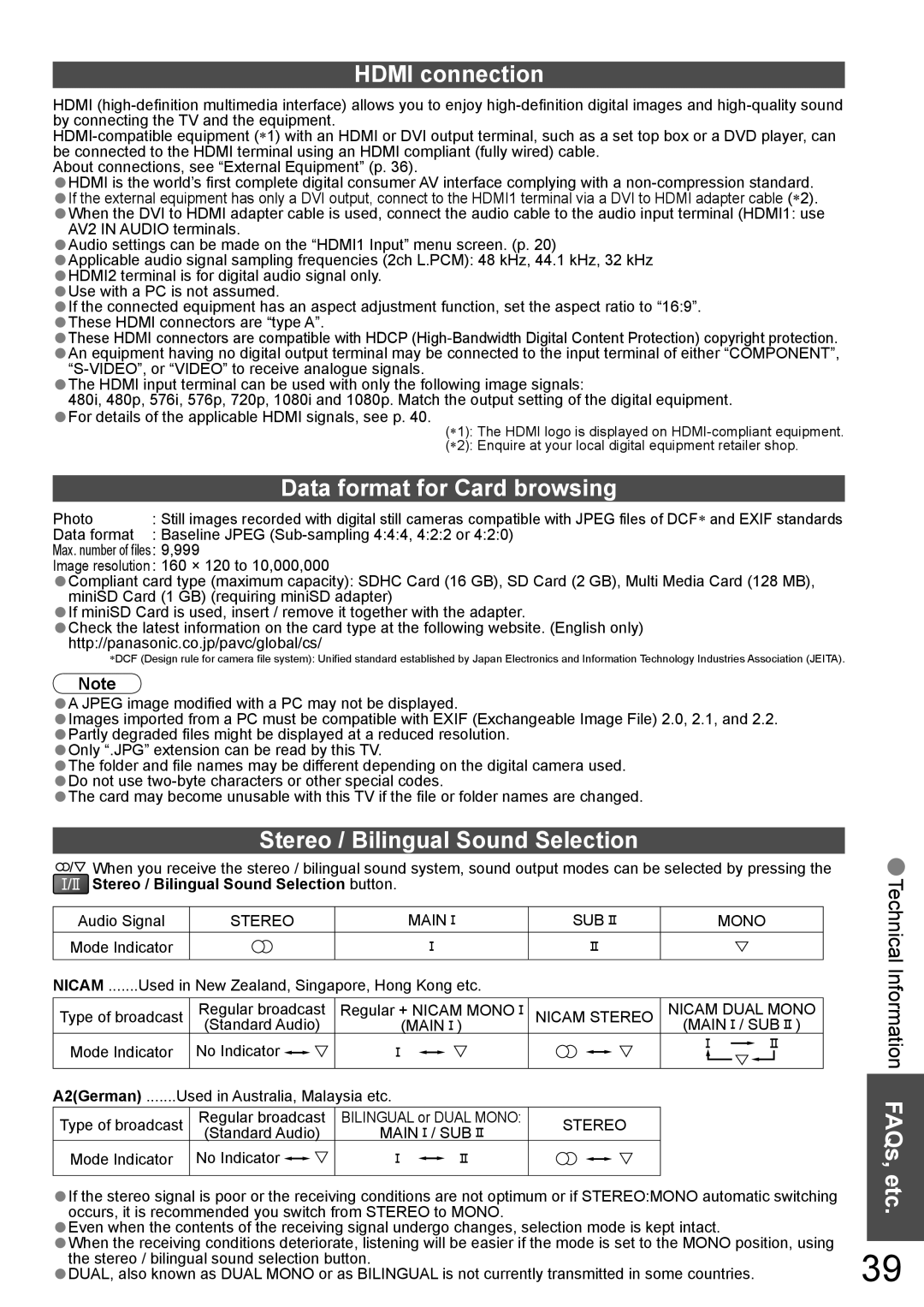 Panasonic TX-32LX800A, TX-37LX800A manual Hdmi connection, Data format for Card browsing, Stereo / Bilingual Sound Selection 