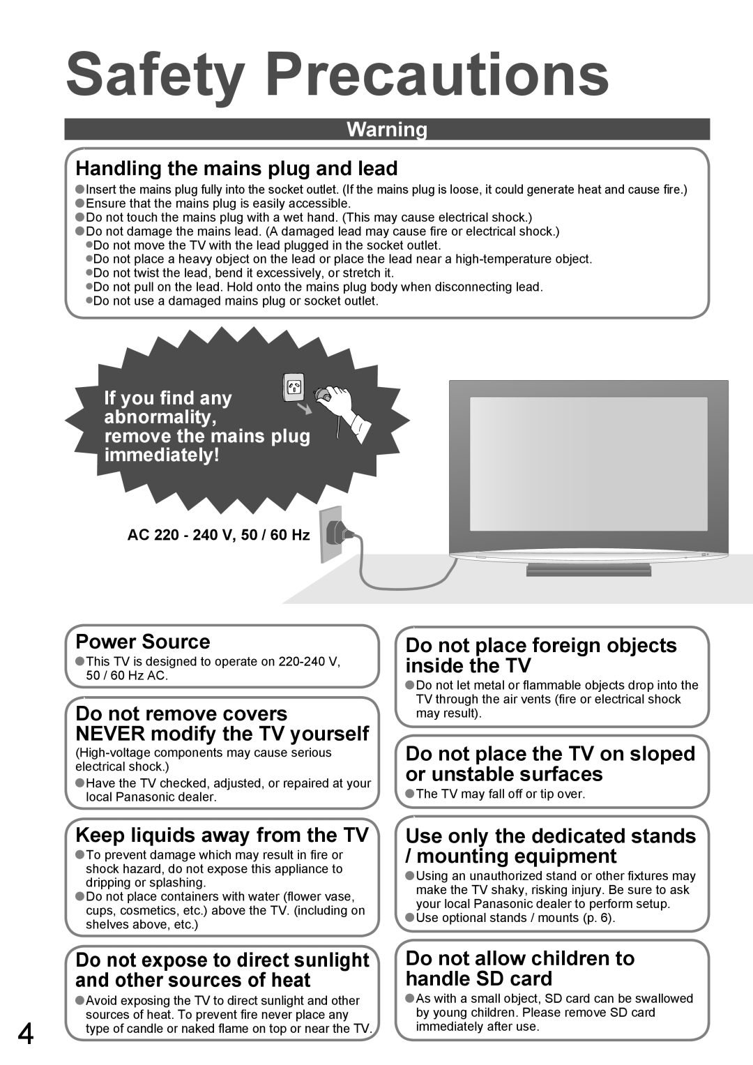 Panasonic TX-37LX800A, TX-32LX800A manual Safety Precautions, AC 220 240 V, 50 / 60 Hz 
