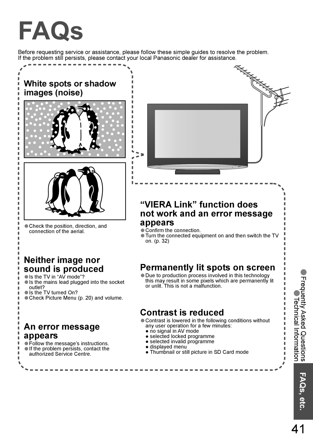 Panasonic TX-32LX800A, TX-37LX800A manual FAQs, Check the position, direction, and connection of the aerial 