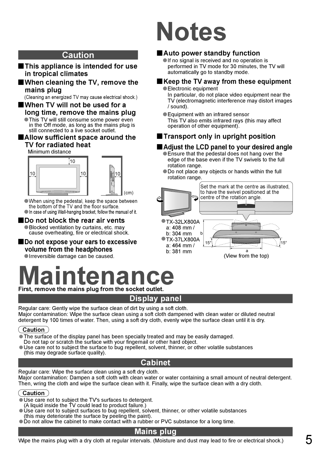 Panasonic TX-32LX800A Maintenance, Display panel, Cabinet, Mains plug, First, remove the mains plug from the socket outlet 