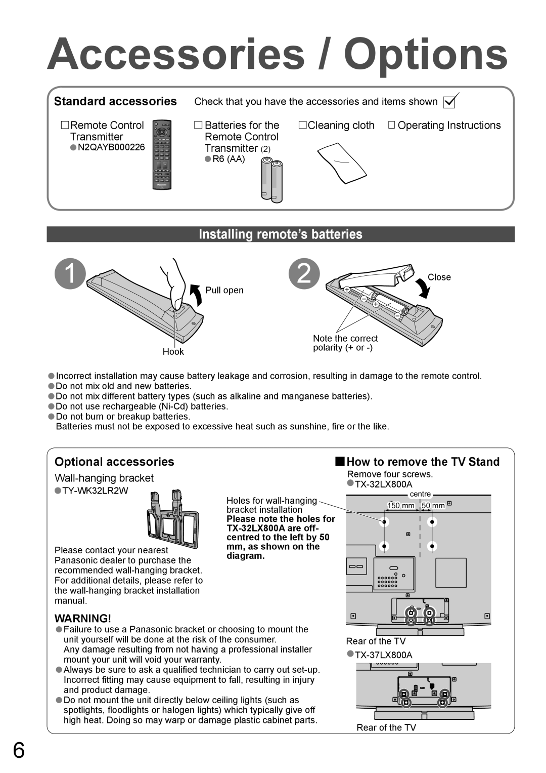 Panasonic TX-37LX800A, TX-32LX800A manual Accessories / Options, Installing remote’s batteries, R6 AA 