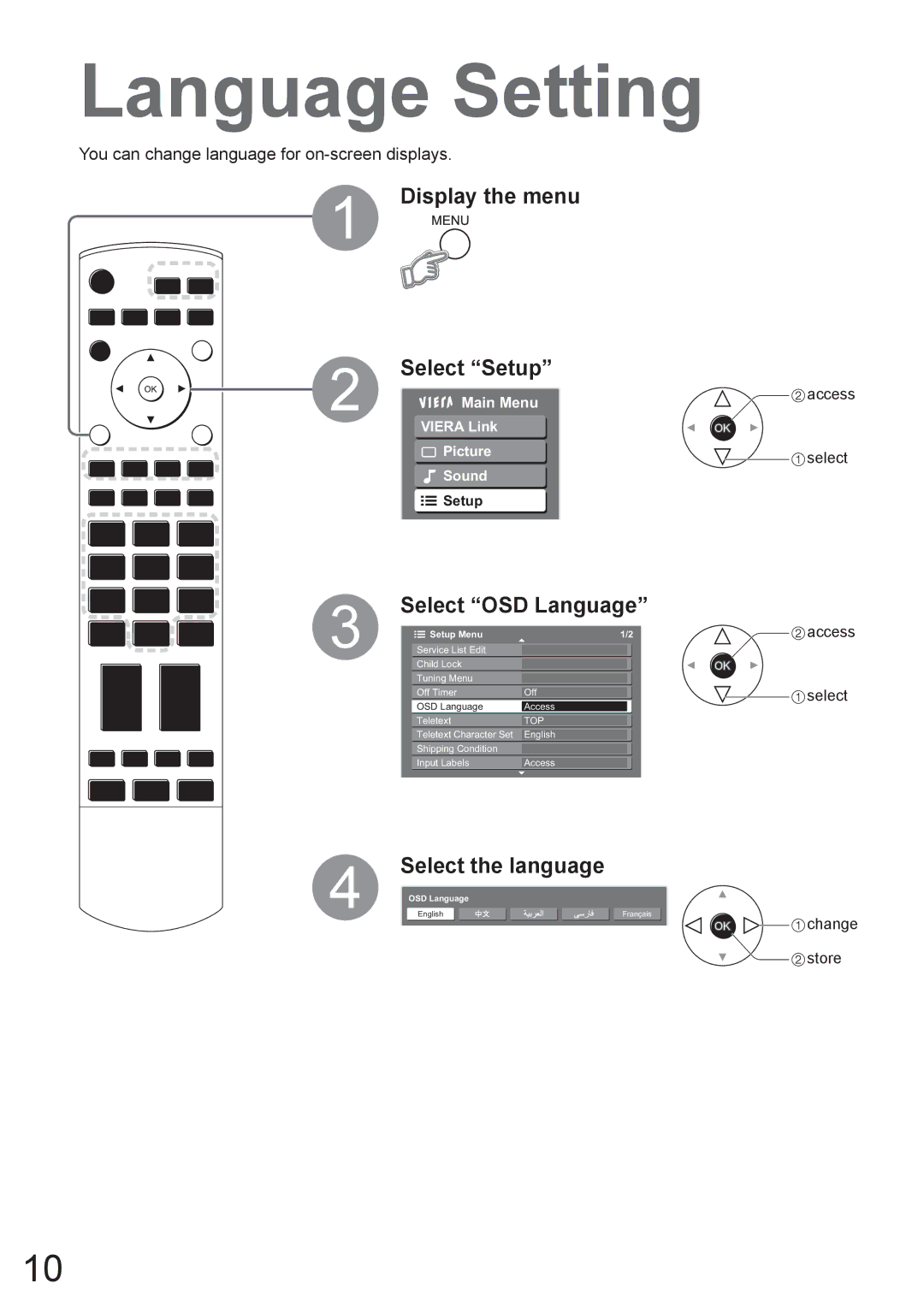 Panasonic TX-37LZ800A Language Setting, Display the menu Select Setup, Select OSD Language, Select the language 