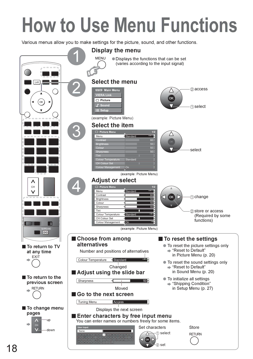 Panasonic TX-37LZ800A operating instructions Display the menu, Select the menu, Select the item, Adjust or select 