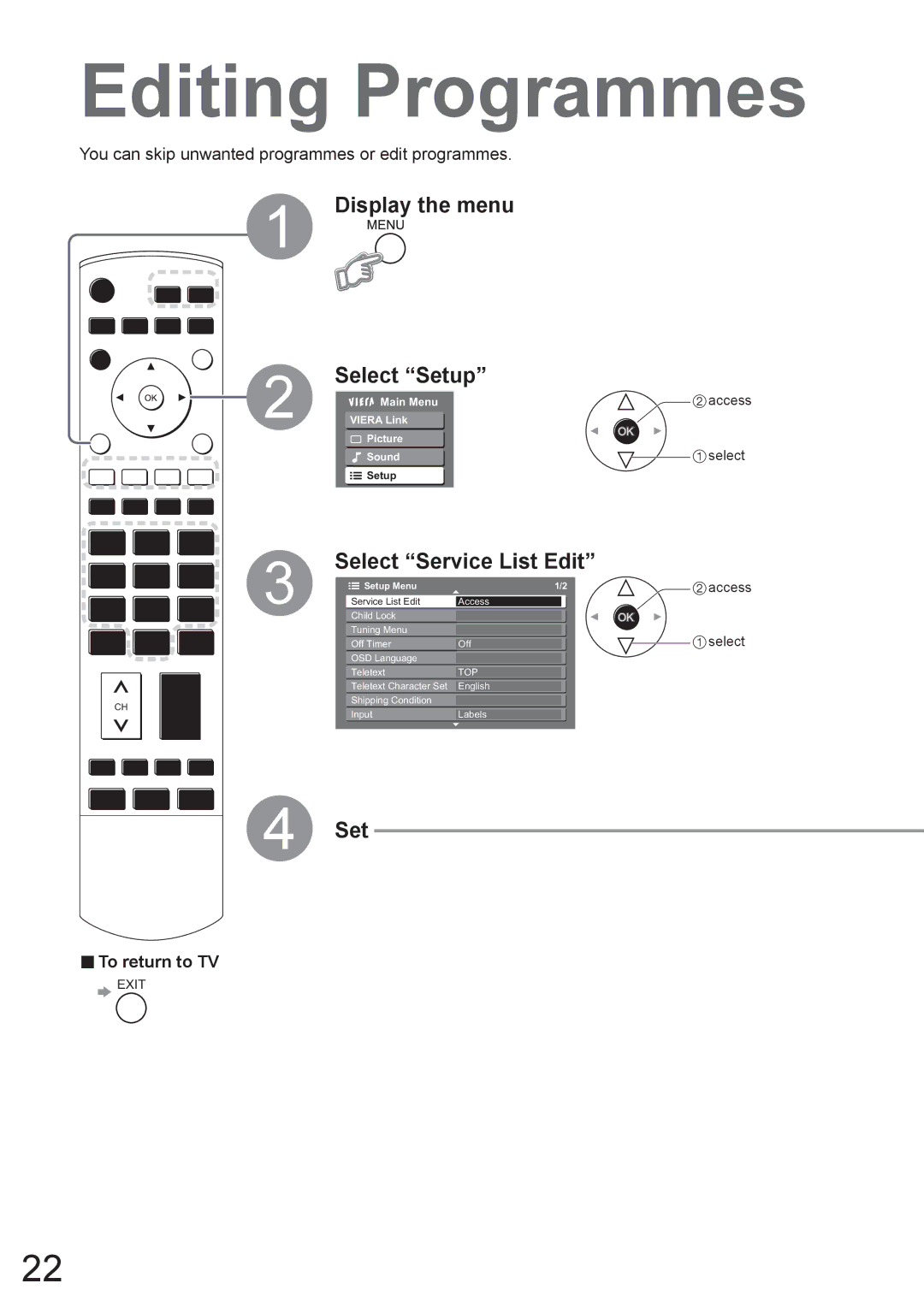 Panasonic TX-37LZ800A operating instructions Editing Programmes, Select Service List Edit, Set 