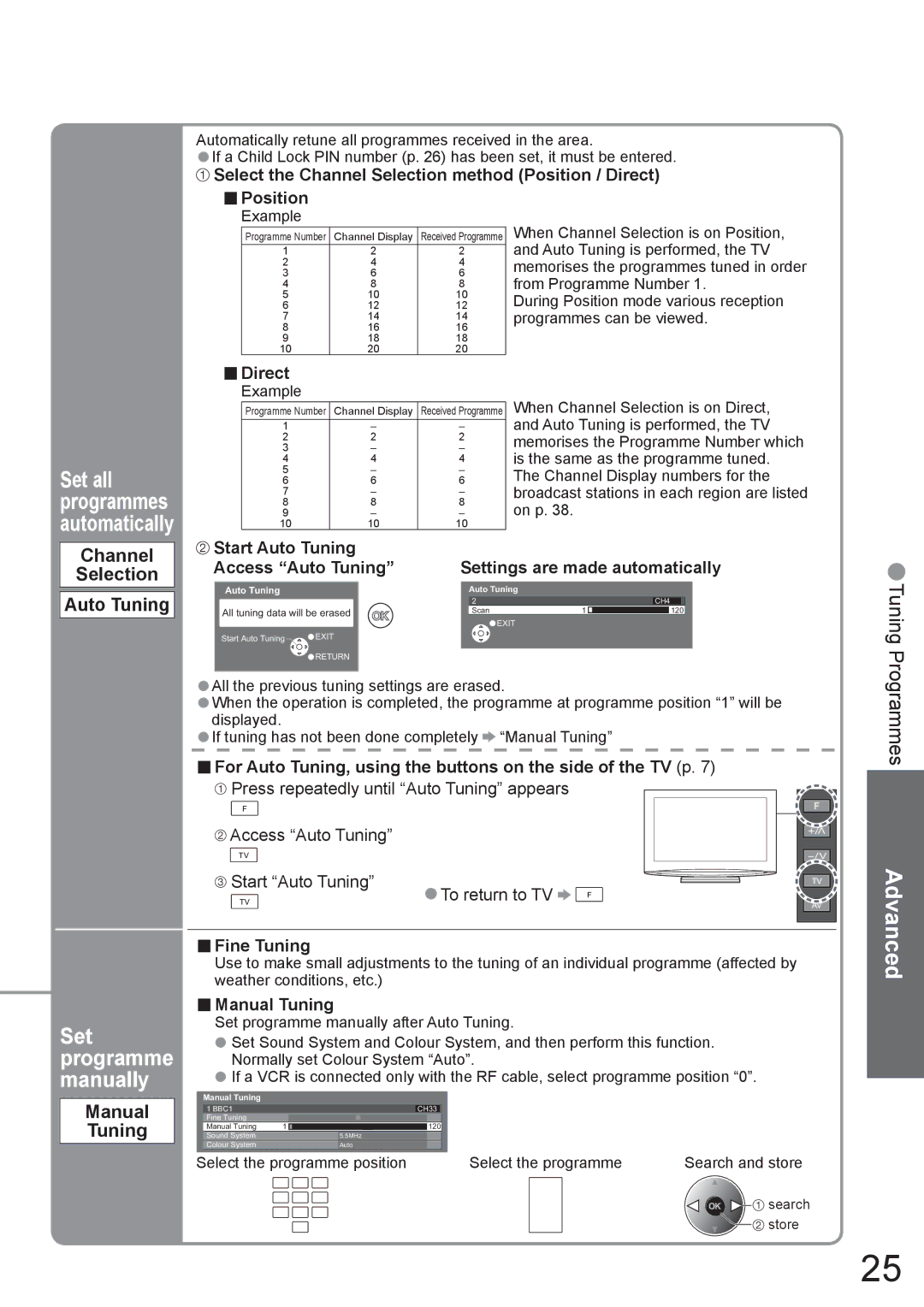 Panasonic TX-37LZ800A Channel Selection Auto Tuning, Manual Tuning, Select the Channel Selection method Position / Direct 