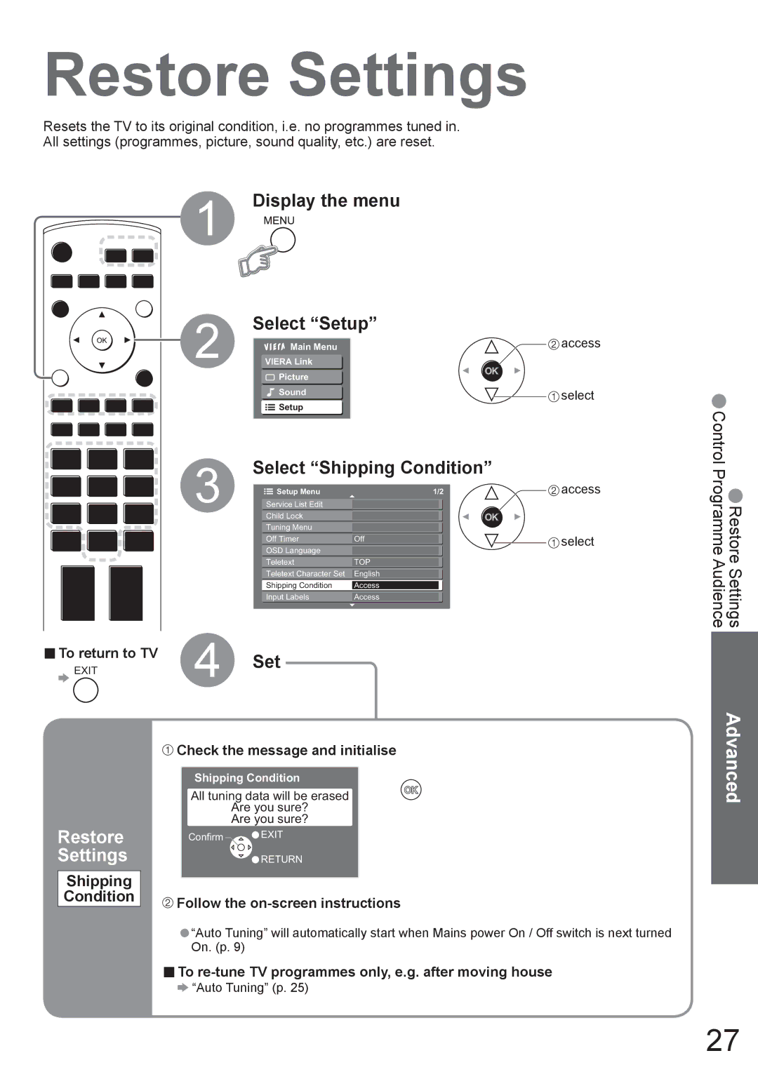 Panasonic TX-37LZ800A operating instructions Restore Settings, Select Shipping Condition 