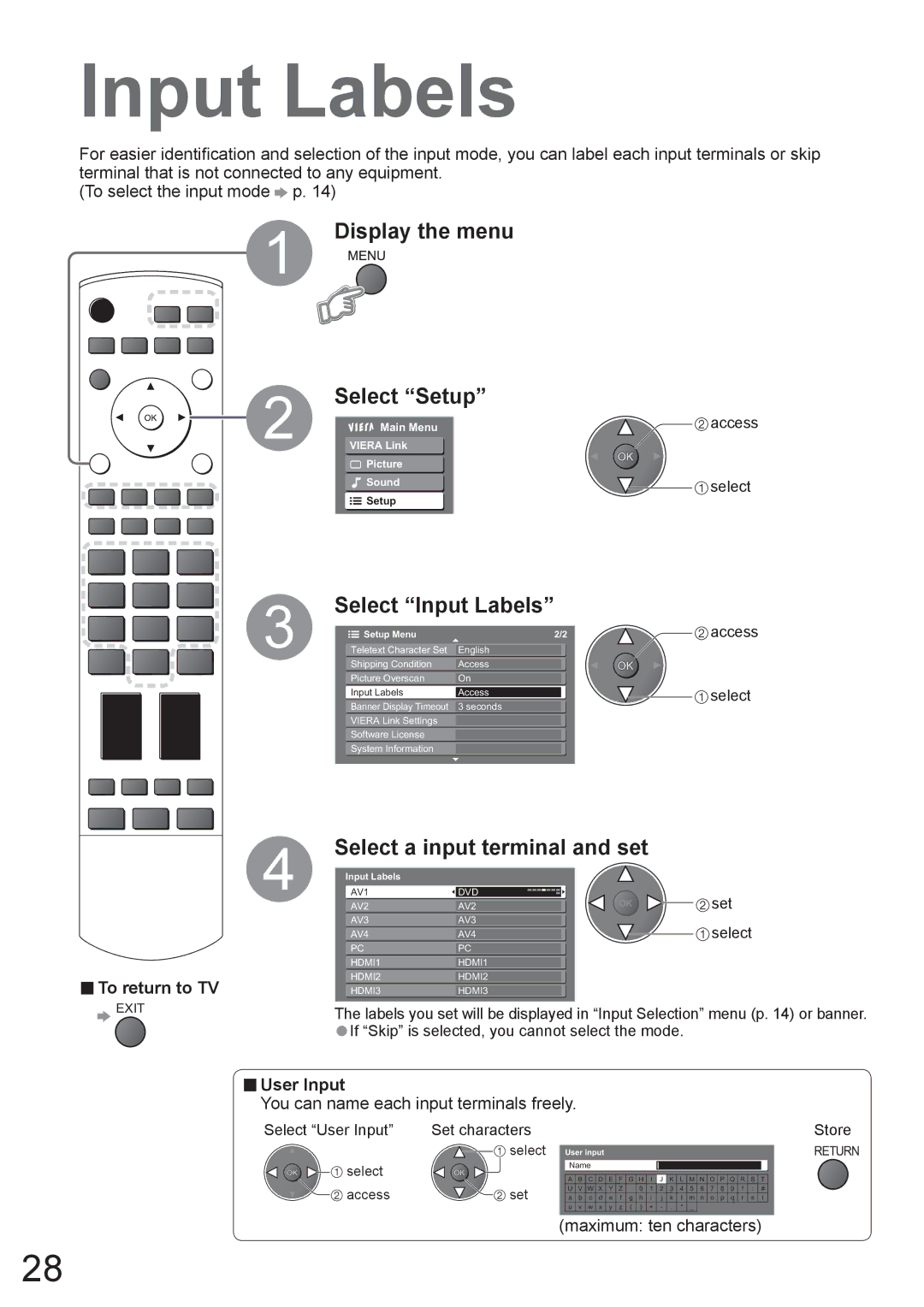 Panasonic TX-37LZ800A operating instructions Select Input Labels, Select a input terminal and set, User Input 