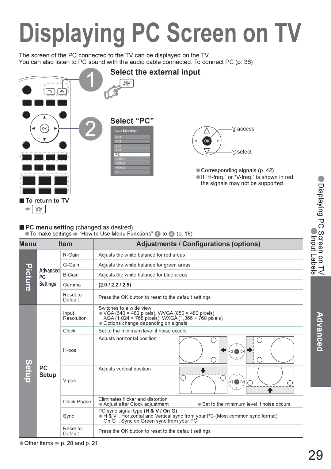 Panasonic TX-37LZ800A INPUT1 Select the external input, Menu Adjustments / Conﬁgurations options, Setup, Other Items 