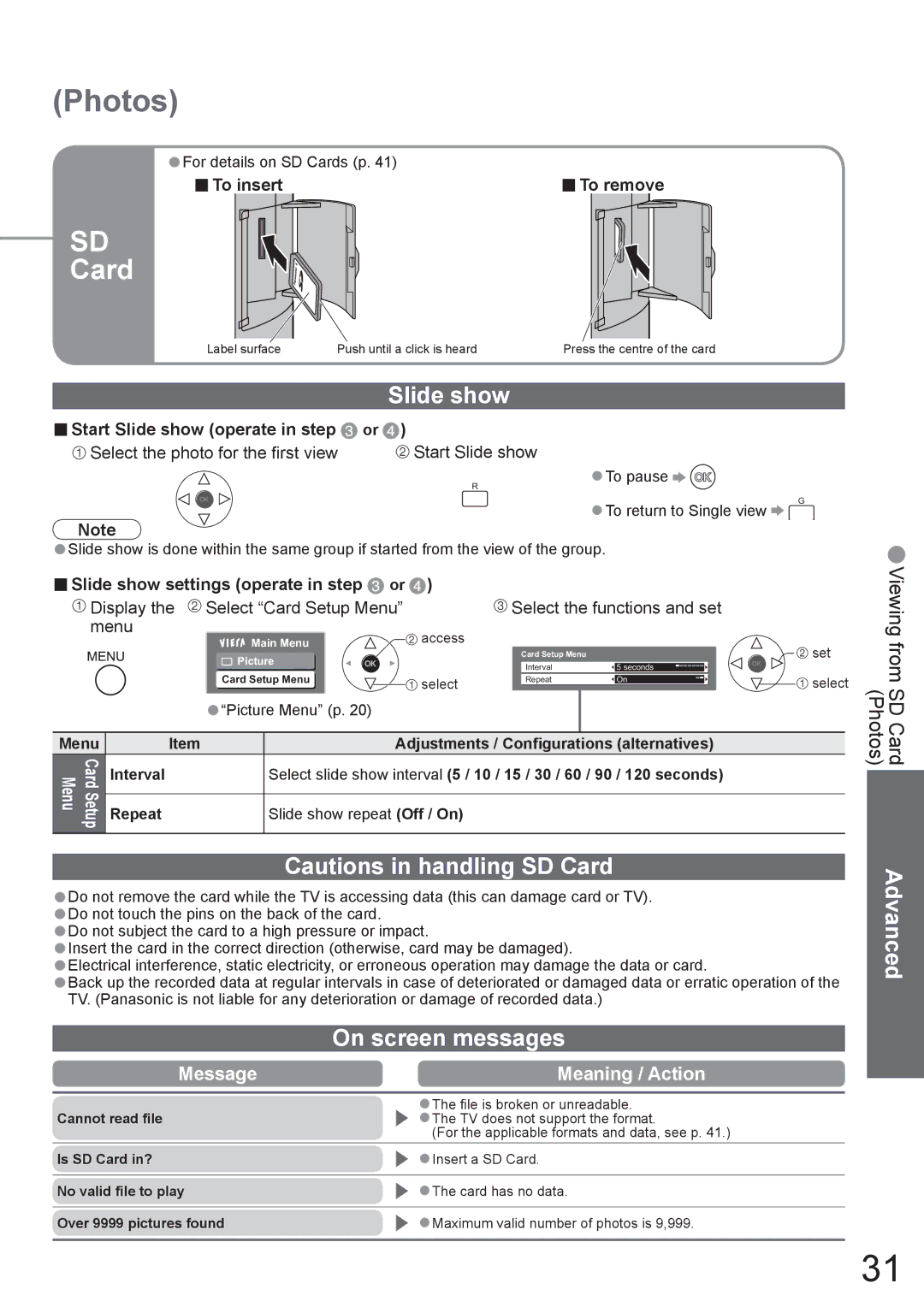 Panasonic TX-37LZ800A On screen messages, To insert, Start Slide show operate in step or, For details on SD Cards p 