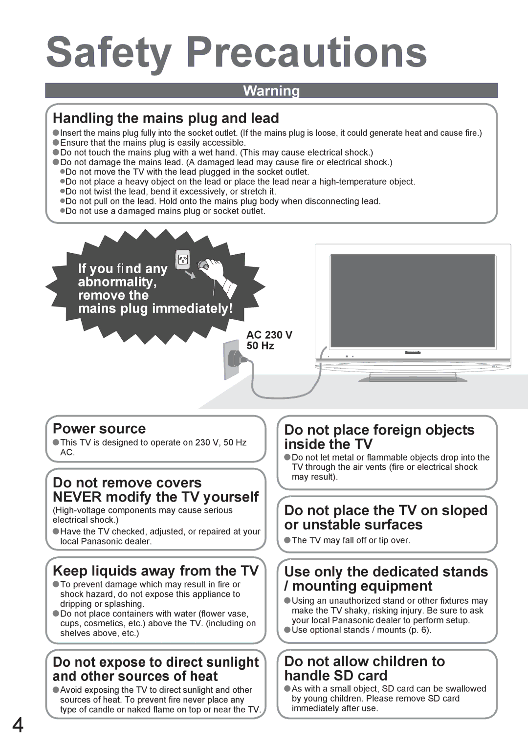 Panasonic TX-37LZ800A Safety Precautions, If you ﬁnd any abnormality, remove Mains plug immediately, AC 230 V 50 Hz 