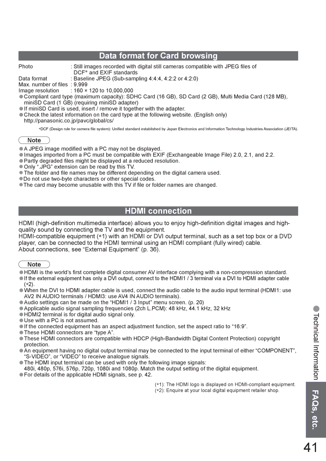 Panasonic TX-37LZ800A operating instructions Data format for Card browsing, Hdmi connection 