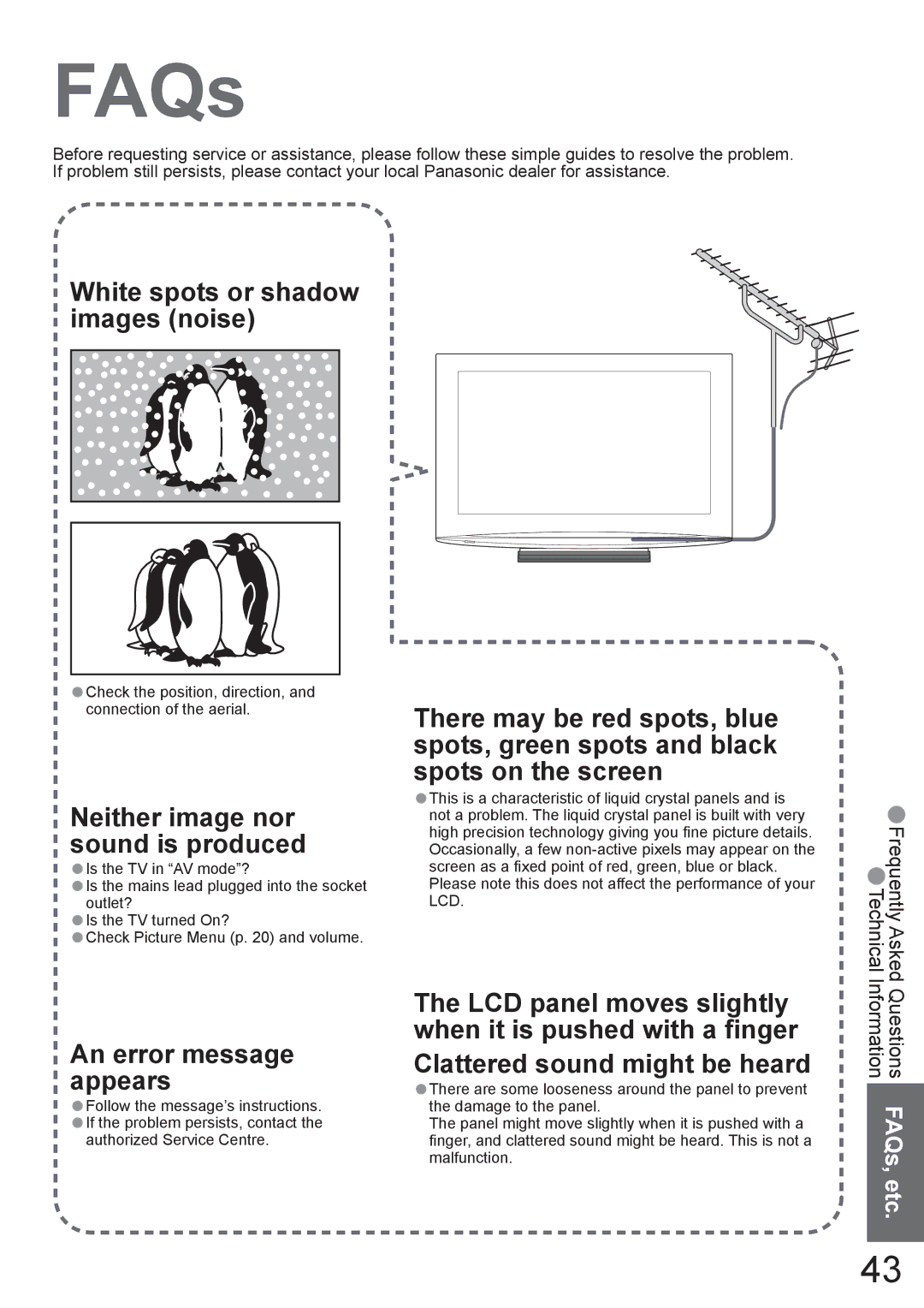 Panasonic TX-37LZ800A operating instructions FAQs, Check the position, direction, and connection of the aerial 