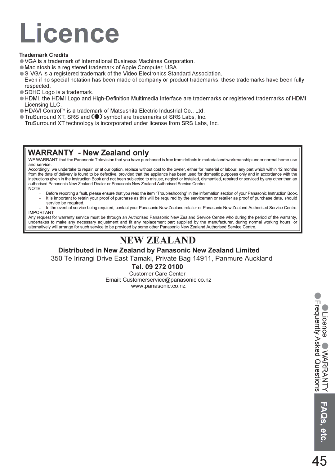 Panasonic TX-37LZ800A Licence, Warranty New Zealand only, Distributed in New Zealand by Panasonic New Zealand Limited 