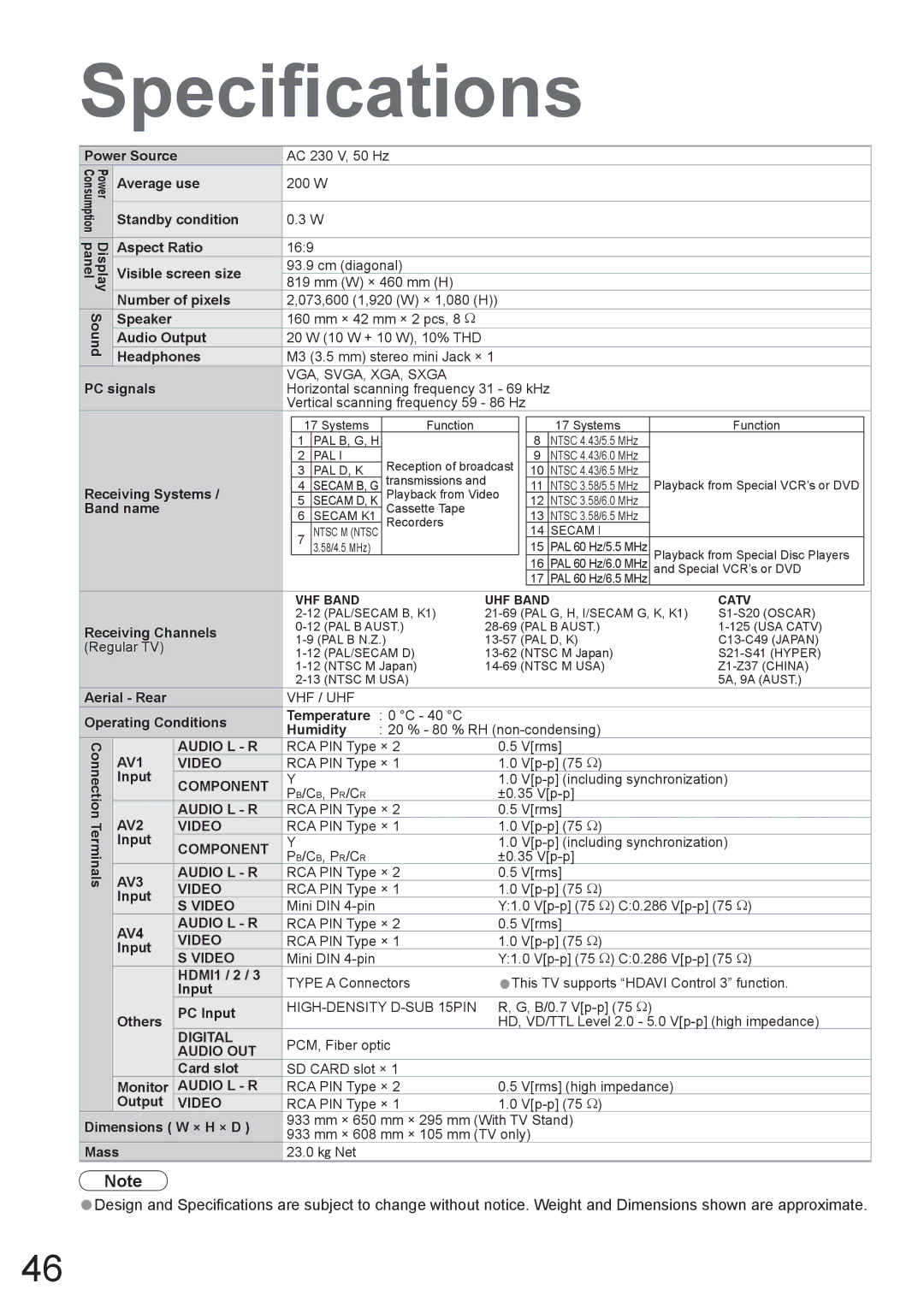 Panasonic TX-37LZ800A operating instructions Speciﬁcations 