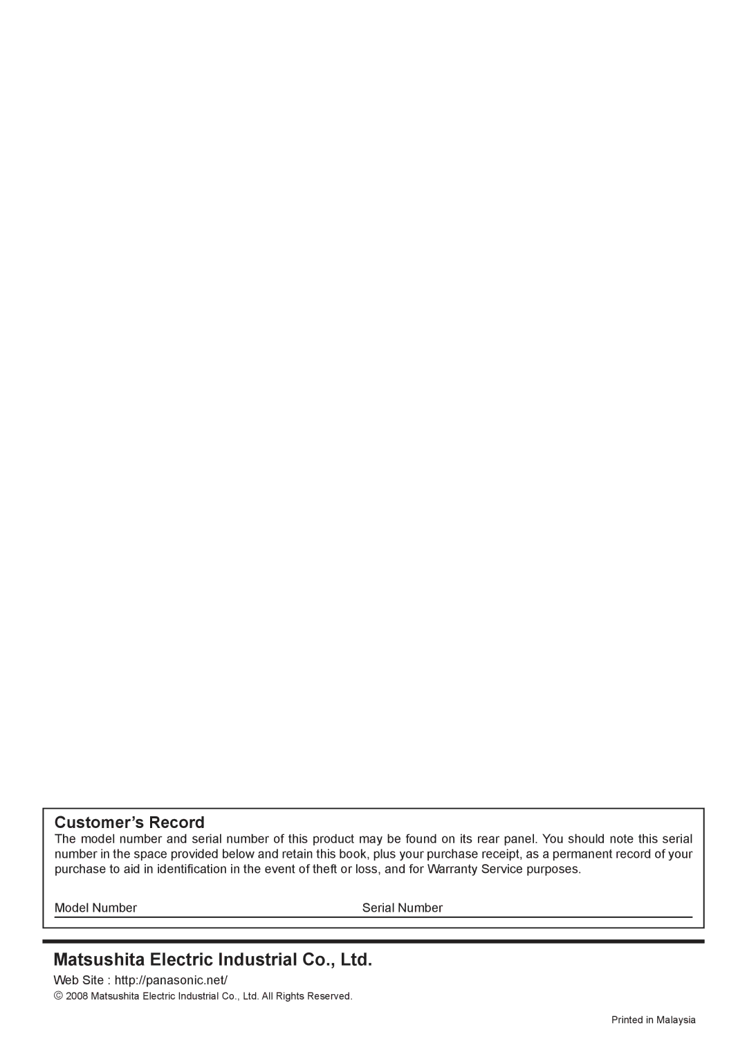 Panasonic TX-37LZ800A operating instructions Customer’s Record 