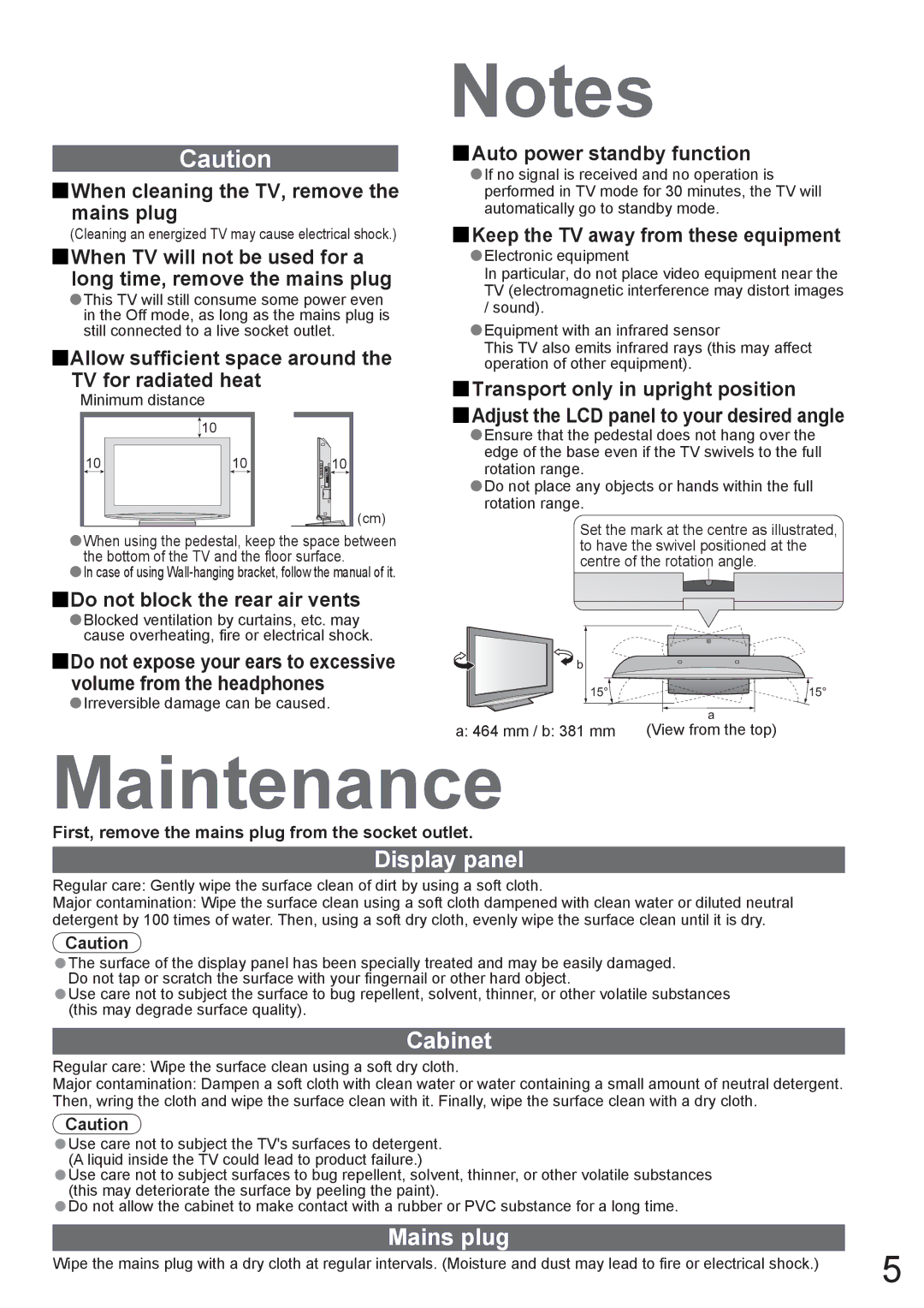 Panasonic TX-37LZ800A Maintenance, Display panel, Cabinet, Mains plug, First, remove the mains plug from the socket outlet 