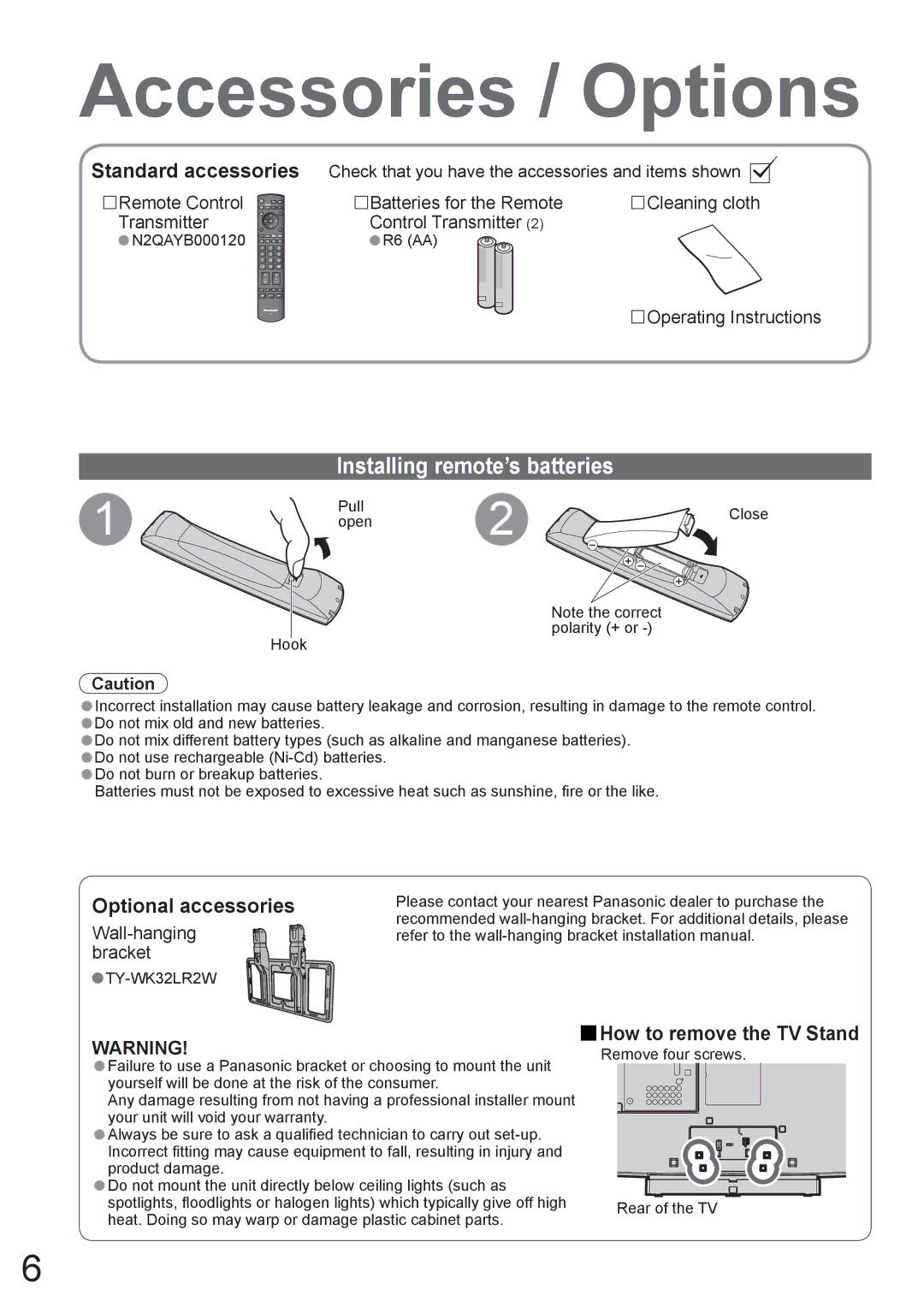 Panasonic TX-37LZ800A operating instructions Accessories / Options, Installing remote’s batteries, N2QAYB000120 R6 AA 