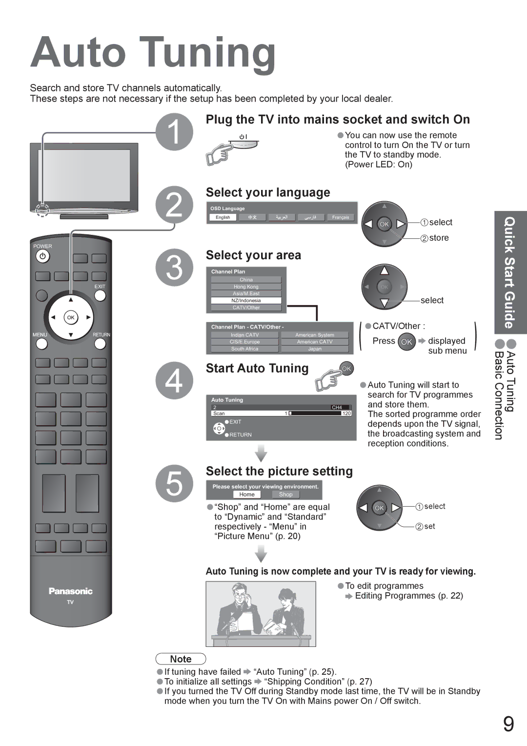 Panasonic TX-37LZ800A Select your language, Select your area, Start Auto Tuning, Select the picture setting 