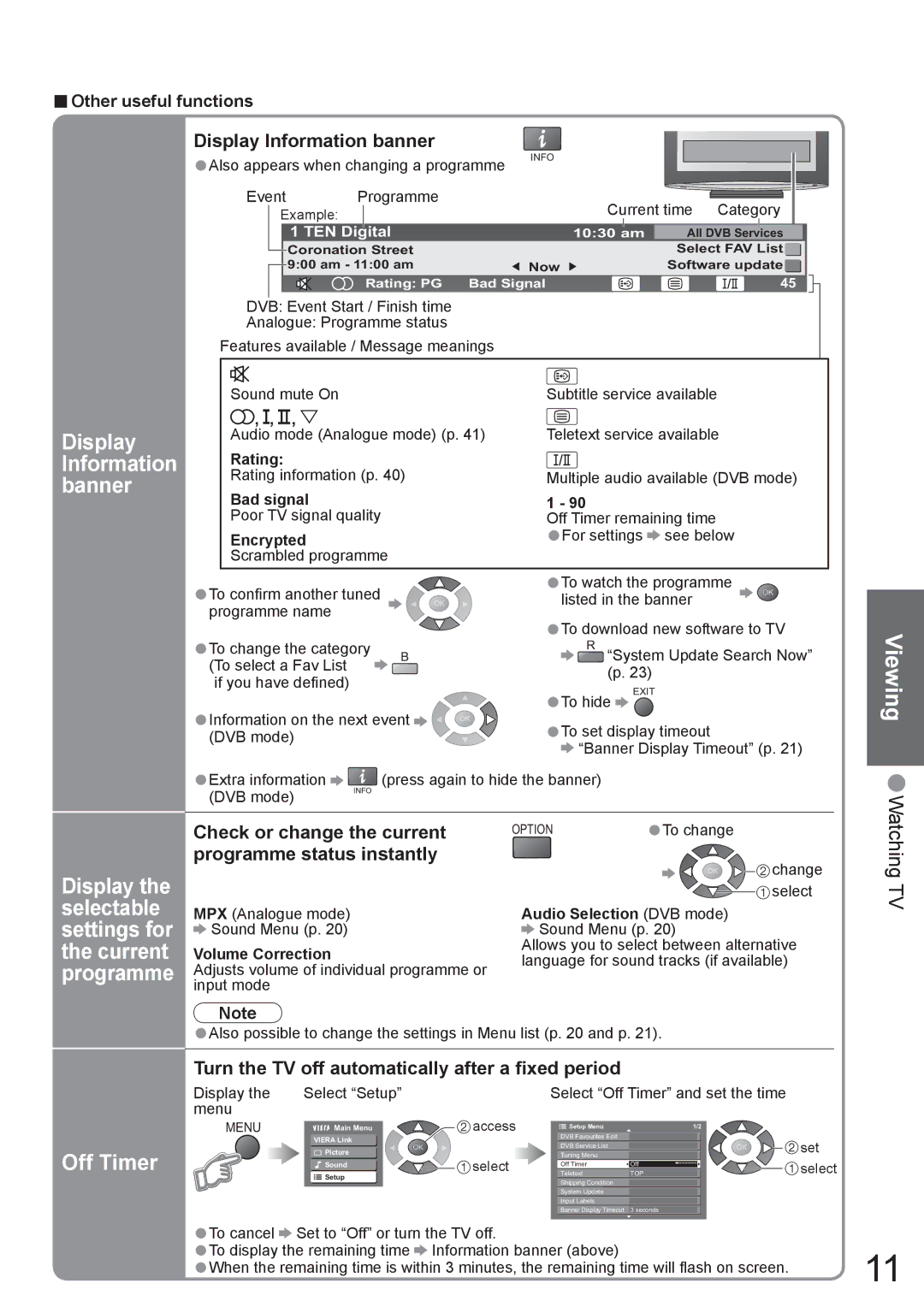 Panasonic TX-37LZD800A manual Information, Banner, Selectable, Settings for, Current, Off Timer 