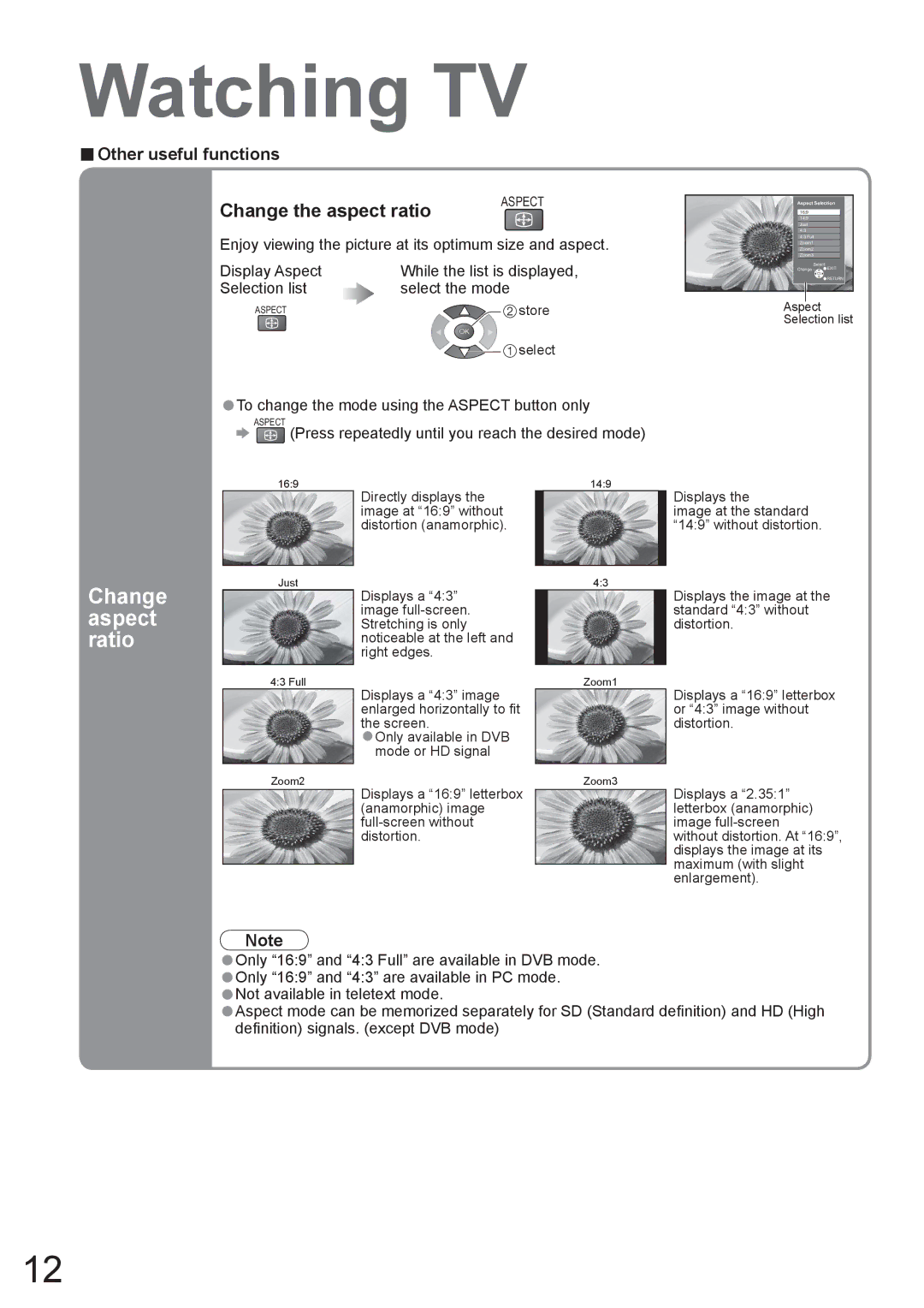 Panasonic TX-37LZD800A manual Aspect, Ratio, Change the aspect ratio, Selection list Select the mode 